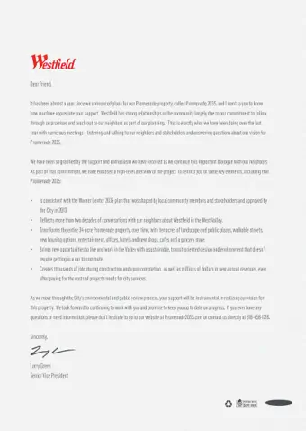 Printed letter for Westfield Promenade 2035