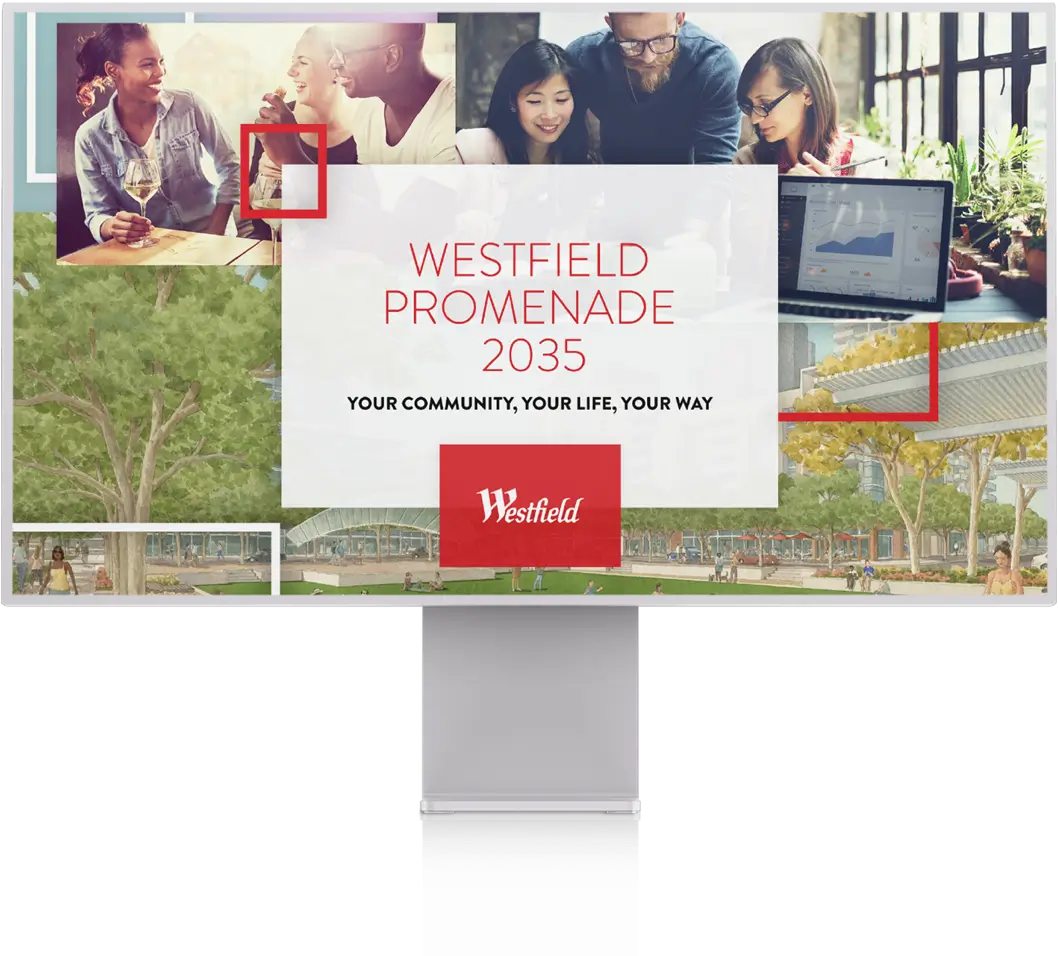 Desktop computer displaying a powerpoint presentation for Westfield Promenade 2035